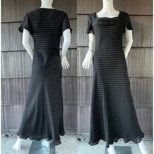 🔥Donna Ricco 10% Silk Black & Brown Polkadots Bias Cut Flutter Sleeve Dress